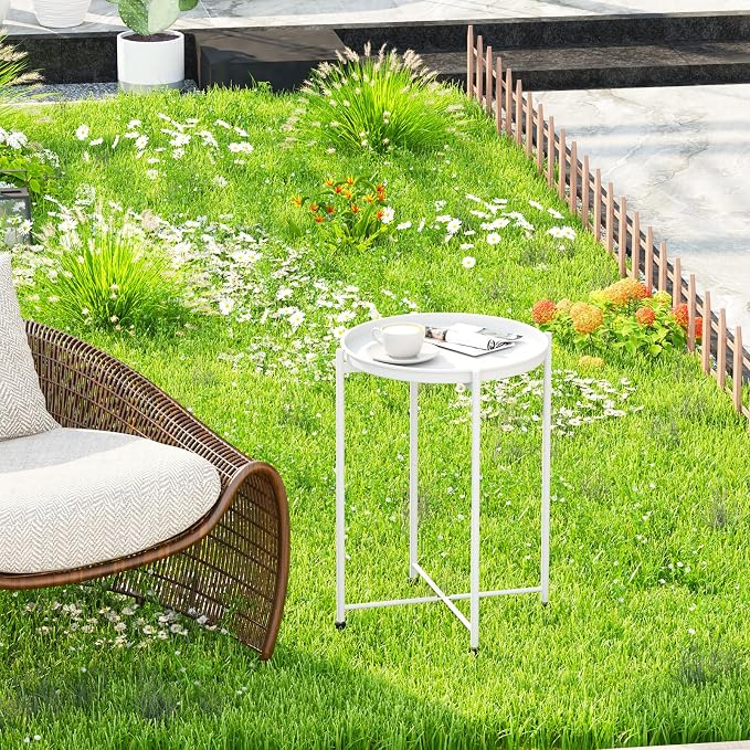 Garden 4 you Small Side Table, White Mini Round End Table, Tray Table with Metal Frame, Modern Nightstand for Living Room, Bedroom, Patio, Small Space, 1PCS