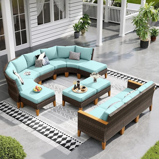Sophia & William Outdoor Wicker Sectional Sofa Set, 12 Piece Half Moon Curved Patio Furniture Modern Round Outdoor Couch Conversation Set with Ottoman for Backyard, Pool, Garden(Aqua Blue)