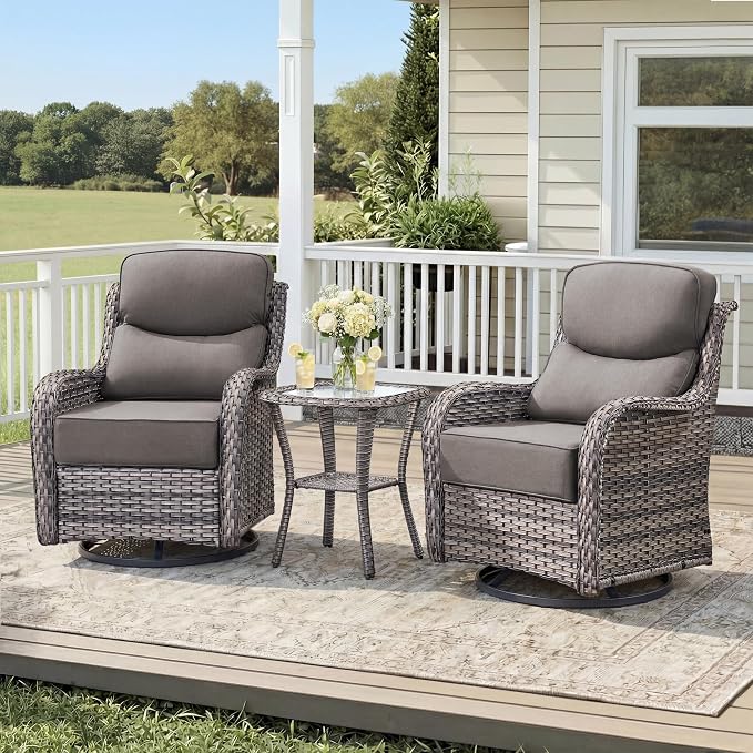 Luxury Outdoor Swivel Rocker Patio Chairs-3 Piece Wicker Patio Rocking Chairs Set of 2 with Glass Side Table 6" Thick Cushions High Back Outdoor Furniture Sets for Deck Porch Balcony(Grey/Grey)