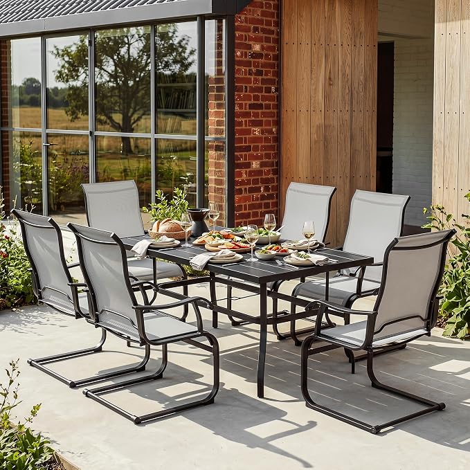 NUU GARDEN 7 Piece Patio Dining Set for 6 with C-Spring Chairs | Rectangular table with umbrella hole and 6 breathable Textilene chairs featuring gentle C-spring motion and high backs