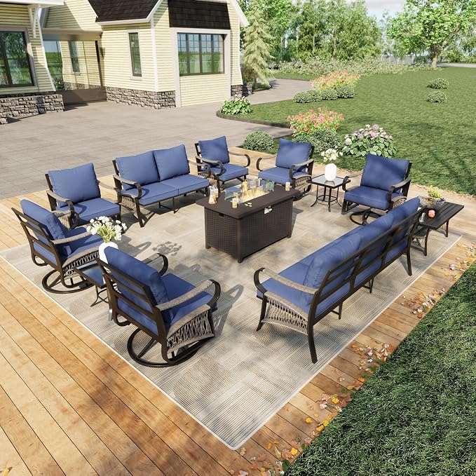 12 Pieces Patio Furniture Set, Metal Outdoor Conversation Sets with Fire Pit Table and Swivel Chairs for Backyard Garden Deck Porch Poolside (Thick Blue Cushions)