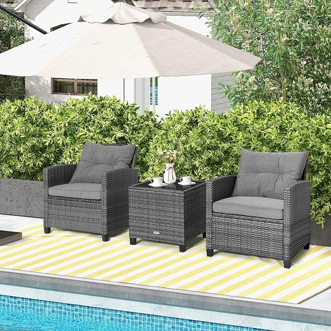 LDAILY Patio Furniture Set, 3 Pieces PE Rattan Wicker Patio Sofa Chairs with Washable Cushion & Glass Table, Outdoor Furniture Conversation Sets for Porch, Balcony, Garden, Poolside (Gray)