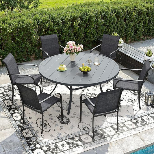 DIFY Patio Dining Set for 6, 7 Piece Outdoor Table and Chairs Set, 50" Round Metal Patio Dining Table and 6 Textilene Stackable Patio Chairs, for Backyard Garden Poolside, Grey