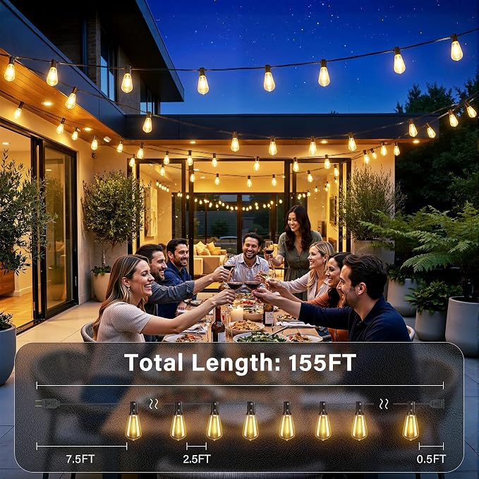 Ollny 155FT Outdoor String Lights, Shatterproof Connectable Patio Lights with 60 ST38 Edison LED Bulbs, 2200K Warm White Waterproof String Lights for Outside Backyard, Gazebo, Porch, Balcony, Bistro