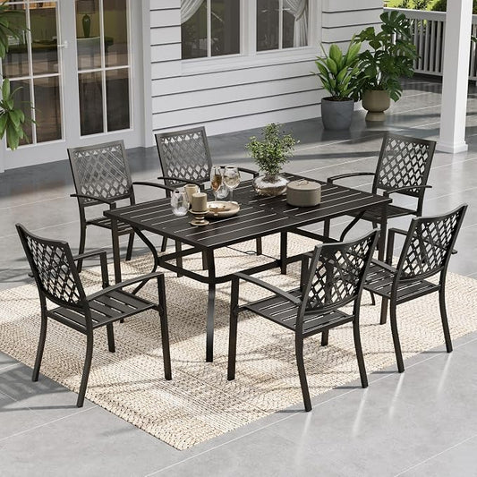 Sophia & William Patio Dining Set Metal Outdoor Table and Chairs Furniture Set 7 Piece, Large 60.2" Dining Table with Umbrella Hole and 6 Backyard Garden Chairs Support 300LBS for Deck, Lawn, Garden