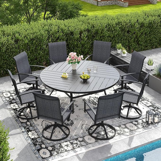 DIFY 9 Pieces Outdoor Dining Set, Metal Patio Table and Chairs Set for 8 with Umbrella Hole, 59.8" Black Round Table and Dark Grey Textilene Swivel Patio Chairs for Garden, Backyard, Poolside