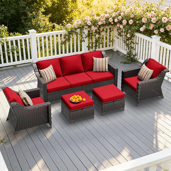 5 Pieces Patio Conversation Furniture Set - 1 Sofa, 2 Armchairs, 2 Ottomans, Outdoor Wicker Furniture with Removable Cushions for Porch, Balcony, Sunroom (Red)