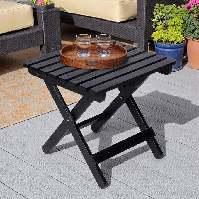 Shine Company Square Wooden Folding Solid Wood Side Table, Outdoor Adirondack Small Patio Table, Black