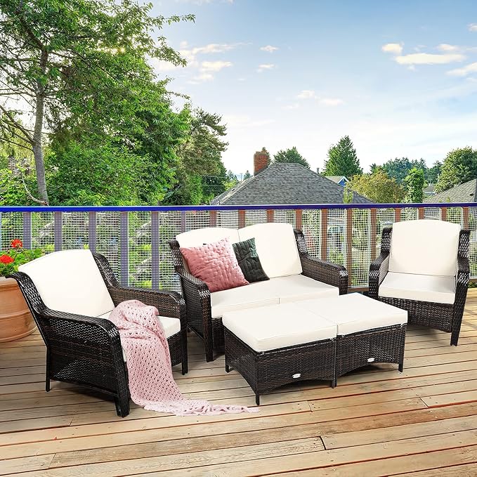 COSTWAY 5PCS Patio Wicker Rattan Furniture Set, Loveseat Sofa with Ottomans and Cushioned Chairs, Conversation Sets for Outdoor Garden Backyard