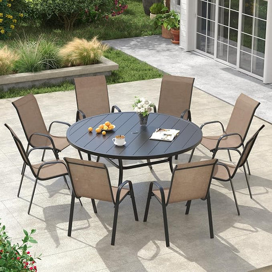 VICLLAX Round Patio Dining Set for 8, Metal Slatted Patio Table with Umbrella Hole and Stackable Patio Chairs for Deck Lawn Garden, Brown Fabric and Black Tabletop