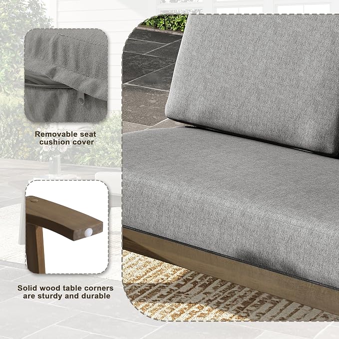 Wood Patio Furniture Sets, 3 Pieces All Weather Patio Loveseat Sofa Outdoor Sectional Futniture Backyard Conversation Set with Solid Wooden Coffee Table - Light Gray