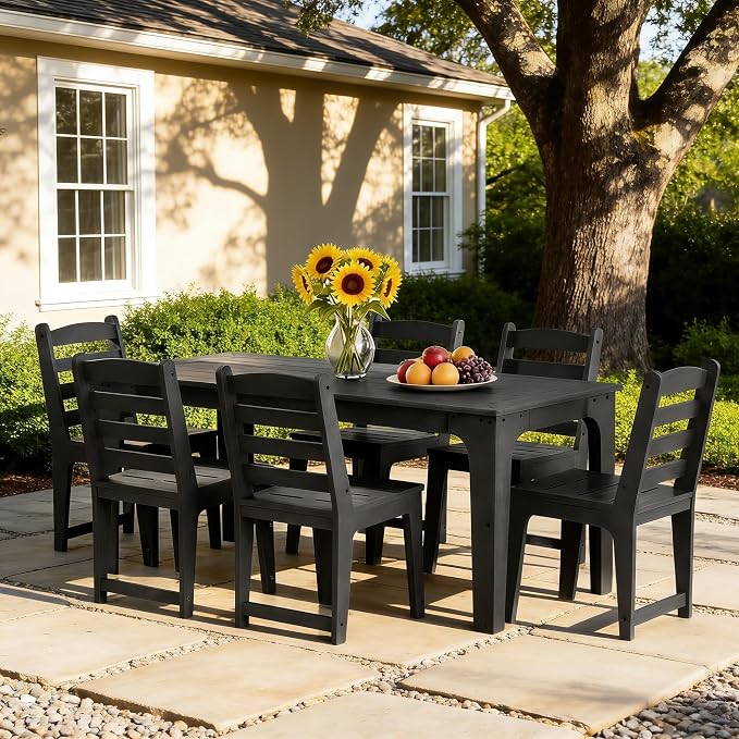 HDPE Outdoor Dining Table & Chairs Set for 6 Person, Black(7-Piece) | Weather-Resistant Patio Furniture Set with Metal Support Bars and Umbrella Hole Cut-Out for Poolside Garden Backyard Deck
