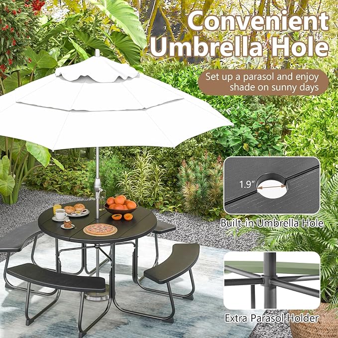 Moccha Picnic Table Bench Set - Outdoor Table and Chairs with Umbrella Hole, HDPE Tabletop & Metal Frame, Dining Table Set, Outdoor Camping Table for Garden Backyard Porch Patio Table Set (Black)