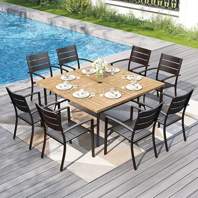 PHI VILLA 57.5" Outdoor Patio Table for 8 Person, Large Square Metal Steel Dining Table with Umbrella Hole, Weather-Resistant Wood-Like Table for Deck Backyards Porch, Brown
