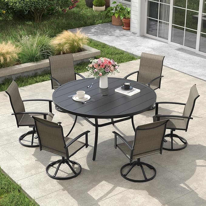VICLLAX Outdoor Table and Chairs Set for 6, Patio Dining Set of 50 Metal Round Patio Table with Umbrella Hole & 6 Swivel Outdoor Dining Chairs for Backyard Lawn, Mixed Brown & Black