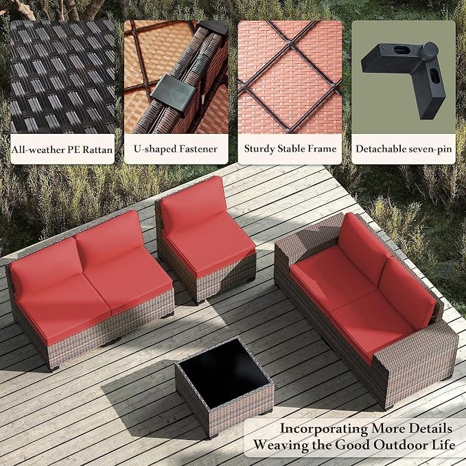 6 PCS Outdoor Patio Furniture Set,Outdoor Sectional Furniture All Weather PE Rattan Wicker Patio Conversation Set with Coffee Table and 5 Thickened Cushions,Red
