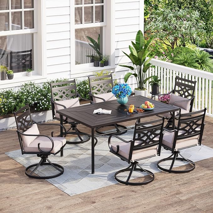 MFSTUDIO 7-Piece Patio Dining Set, 64" Metal Table, Swivel Chairs, Seats 6 | Umbrella Hole