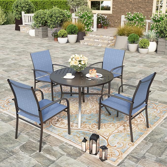 HERA'S HOUSE 5pc Patio Dining Set for 4, 42" Round Metal Table | Blue textilene chairs, umbrella hole. Waterproof, rust-resistant, all-weather for backyard, porch