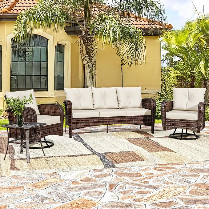 4 Pieces Patio Set, 73" Rattan Loveseat Sofa, Coffee Table, Wicker Swivel Glider Chairs, Cushion with Water Resistant Cover, Outdoor Conversation Furniture, Couch for Yard, Lawn (Beige)