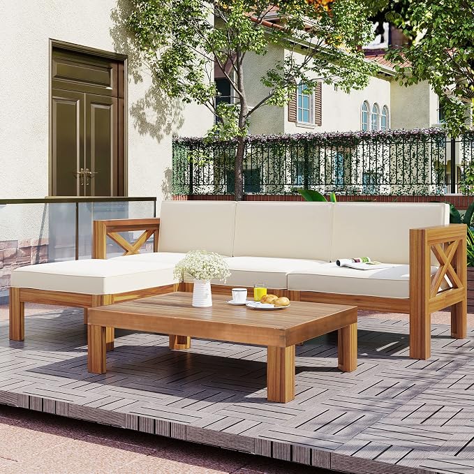 Acacia Wood 5-Piece Patio Sectional Sofa Set, All-Weather Outdoor Conversation Set, Corner Design Patio Set with Coffee Table and Updated Cushions for Backyard Porch Courtyard Poolside (Natural+Beige)