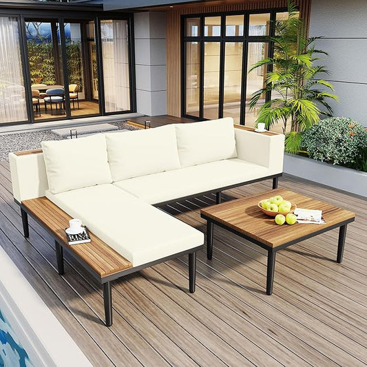 Luxury Patio Furniture Set with Removable Cushions and Coffee Table, L-Shaped Acacia Wood Sofa with Side Table, Outdoor Conversation Sectional Sofa for Backyard,Porch (Beige#51)