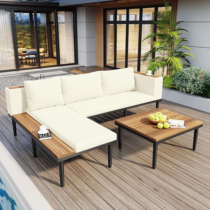 JIVOIT Acacia Wood Patio Furniture Set, Luxury Outdoor Conversation Sectional Sofa with Removable Cushions and Coffee Table, Side Table, L-Shaped Sofa Set for Backyard, Porch (Beige/17)