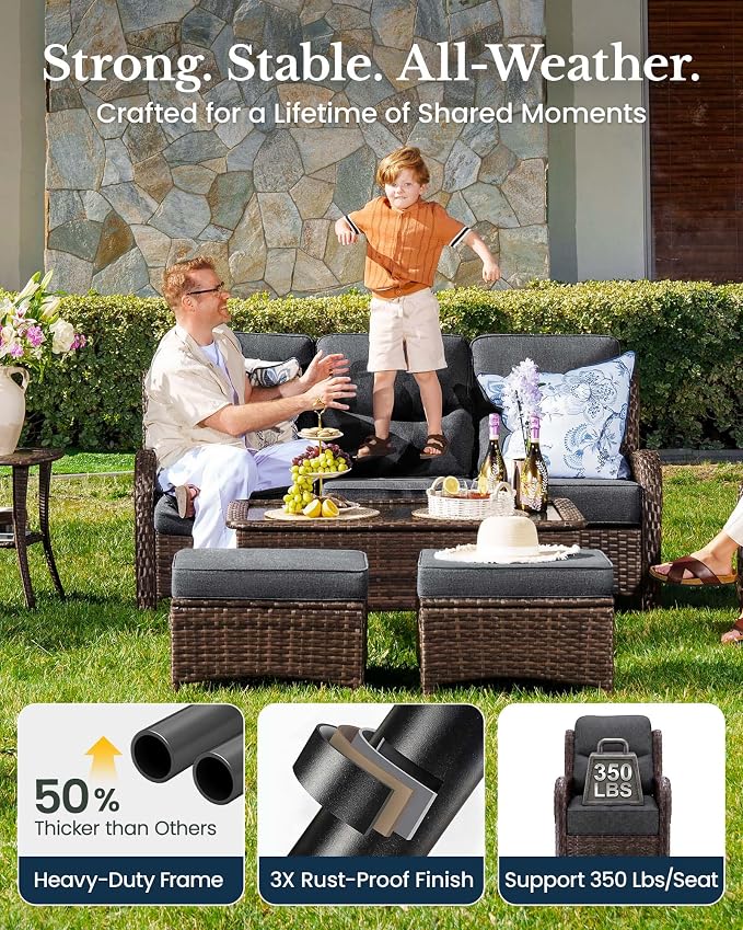 HILLGA 6-Piece Luxury Patio Furniture Set with 6" Thick Cushions, Weather-Resistant Wicker High Back Swivel Rocker Chairs, Senior-Friendly Outdoor Sofa Set for Large Deck, Yard and Poolside, Gray(V2)