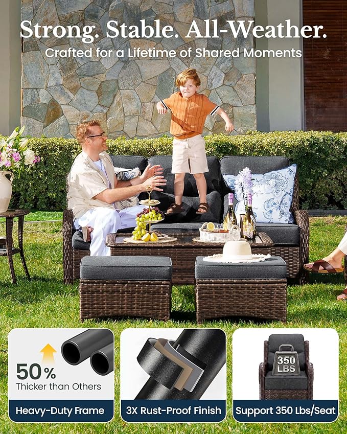 HILLGA 8-Piece Luxury Patio Furniture Set with 6" Thick Cushions, Weather-Resistant Wicker High Back Swivel Rocker Chairs, Senior-Friendly Outdoor Sofa Set for Large Deck, Yard and Poolside, Gray(V2)