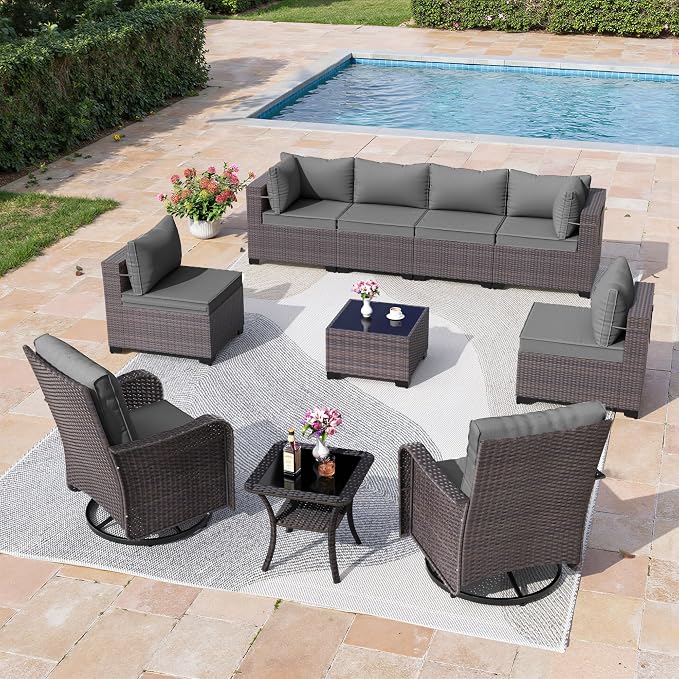 10 Pieces Outdoor Patio Furniture Set,Outdoor Sectional Furniture All Weather PE Rattan Wicker Patio Conversation Set with Coffee Table,Swivel Rocking Chairs Set,Grey