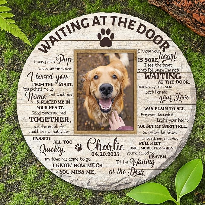 Personalized Pet Memorial Garden Stone for Dogs - Waiting at The Door Dog Memorial Natural Stone with Photo, Condolences Sympathy Gift for Dog Lovers, Pet Loss Gifts, Waterproof for Indoor & Outdoor