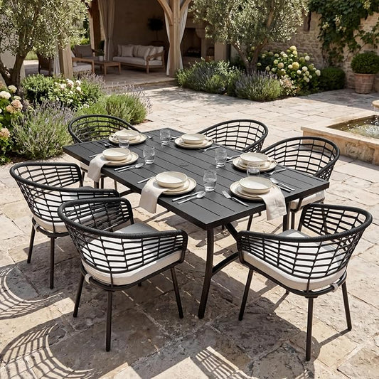 NUU GARDEN 7-Piece Patio Dining Set, Patio Table and Chairs Set Includes Rectangular Patio Table with Umbrella Hole, 6 Woven Rope Chairs with Beige Cushions, Outdoor Furniture Set, Blac