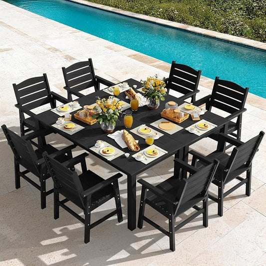 YEFU Patio Dining Sets HIPS: 10-Piece Outdoor Table and Chairs with Umbrella Hole - Modern Outside Furniture Plastic Patio Dining Set for 8 with Metal Aluminum Frame for Family with Deck/Pool Black