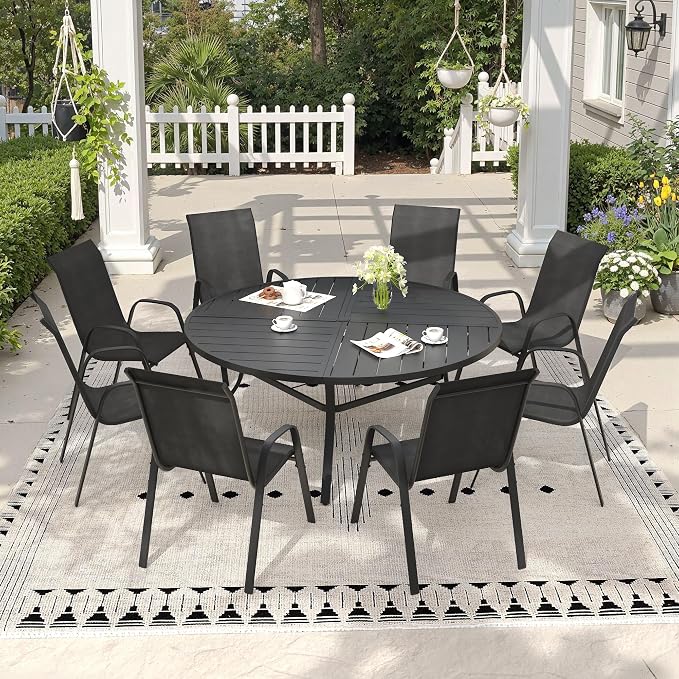 9 Pieces Outdoor Dining Set, 53.1" Spliced Patio Table with Umbrella Hole & Stackable Outdoor Dining Chairs, Patio Furniture Set for Deck Garden Porch, Black Chairs & Black Table