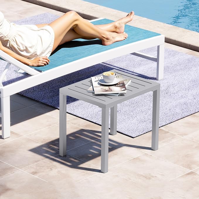 Crestlive Products Outdoor Side Table Set of 2, Aluminum Rectangular Side/End Table, Small Patio Coffee Bistro Table for Outdoor Indoor (Light Grey)