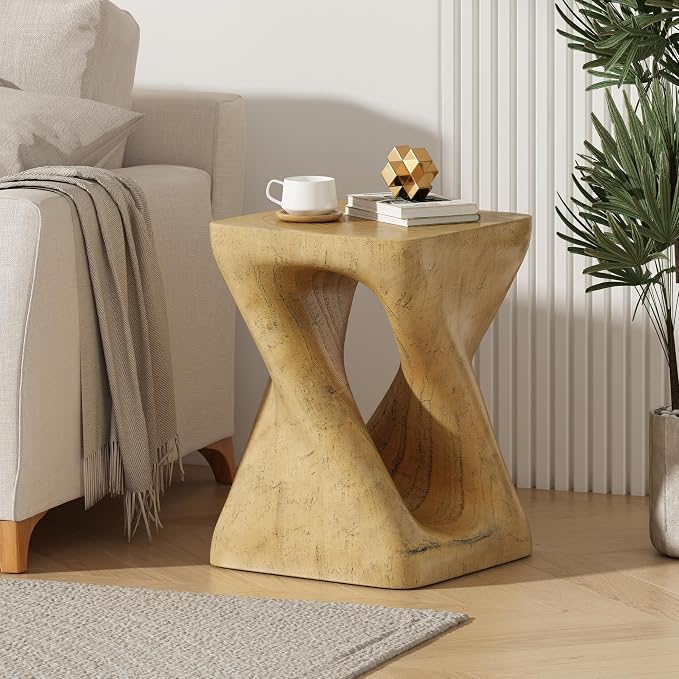 Christopher Knight Home Outdoor Side Table,Twist Shape End Table,Decorative Accent Table,Garden Stool Table for Patio Balcony Beach Pool Side,Lightweight Concrete,Wood Like Texture,Natural
