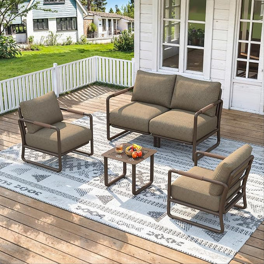 4-Piece Outdoor Aluminum Patio Sofa Set with Coffee Table, Deep Seating Conversation Set with 6.5" Cushions, Modern All-Weather Furniture for Garden, Balcony, Poolside, Brown