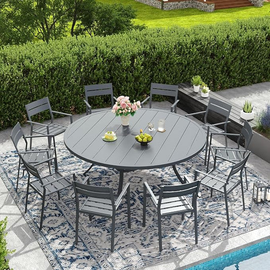DIFY 11 Piece Outdoor Patio Dining Set for 10, Patio Table and Chairs Set with Umbrella Hole, 63" Round Dining Table and Stackable Metal Chairs for Backyard Garden Poolside, Grey