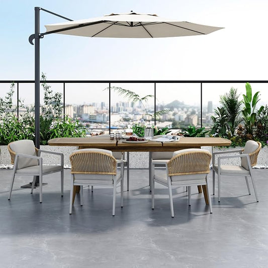 7-piece Outdoor Patio Dining Set, All Weather Acacia Wood Expandable Dining Table and 6 Armchairs with PE Rattan Decor and Iron Frame for Backyard Balcony Poolside