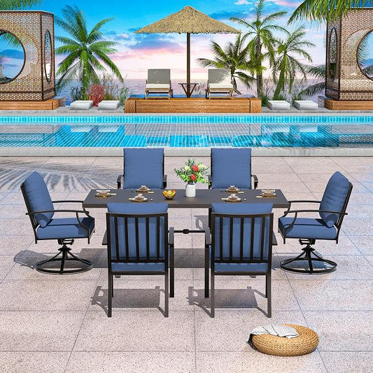 7-Piece Patio Dining Set Outdoor Conversation Set,Metal Outdoor Furniture Set with Umbrella Hole Cut-Out 78.7" x 35.4" Table and 6 Metal Chairs for Backyard,Garden,NavyBlue