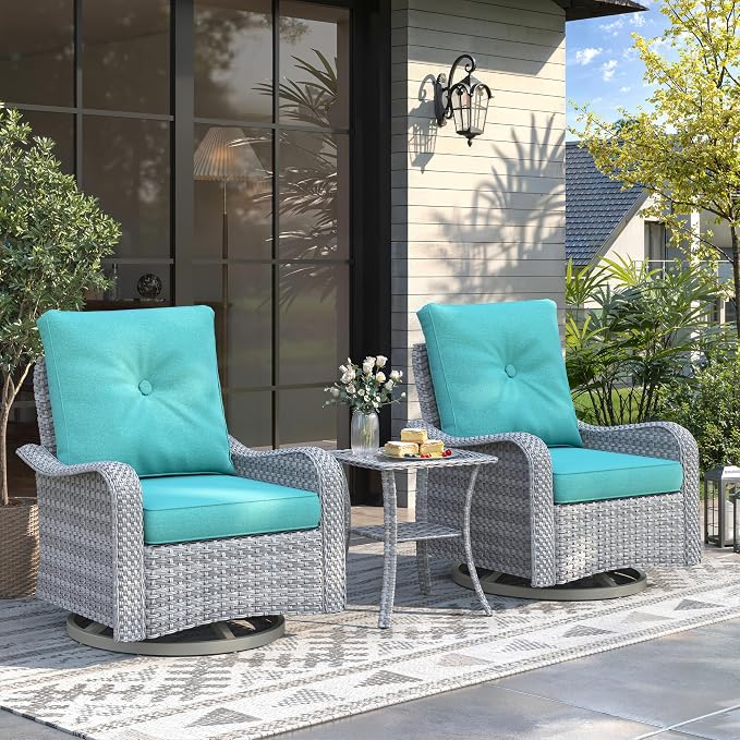 3 Piece Patio Furniture Set with Swivel Rocking Chairs, Outdoor Wicker Conversation Set with 4" Cushions, Glass Side Table, PE Rattan and Rust-Resistant Frame, Blue