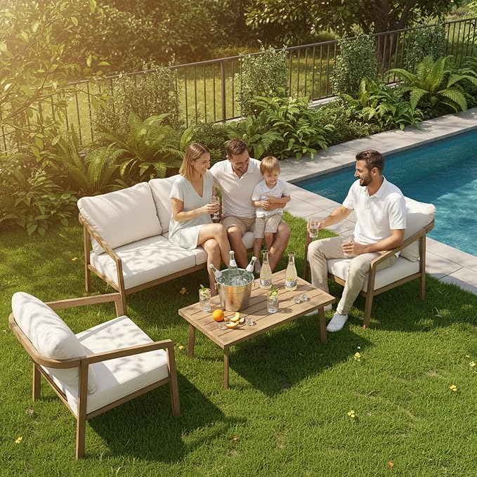 4-Piece Patio Sofa Set, Never-Rust Aluminum Patio Furniture with Thick Removable Cushions, Outdoor Conversation Set with 2 Armchairs, Loveseat & Table for Garden Deck Pool Poolside (Brown)
