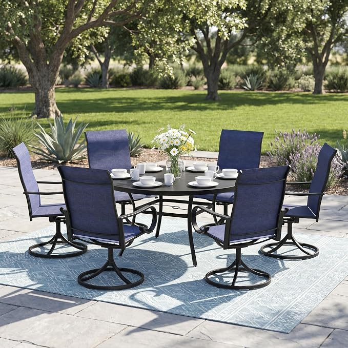 7 Pieces Patio Dining Set, 6 Outdoor Swivel Dining Chairs with 50" Round Metal Outdoor Dining Table with Umbrella Hole for Garden Backyard Deck, Dark Blue & Black