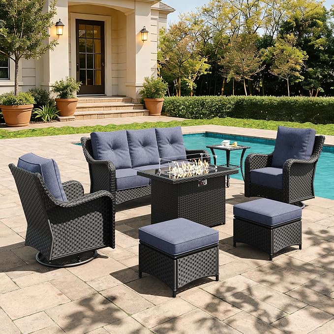 7 Pieces Outdoor Furniture Set with 6-inch Cushions, High Back Wicker Swivel Rocker Chairs with Fire Pit Table, Luxury Conversation Set for Deck Patio and Poolside