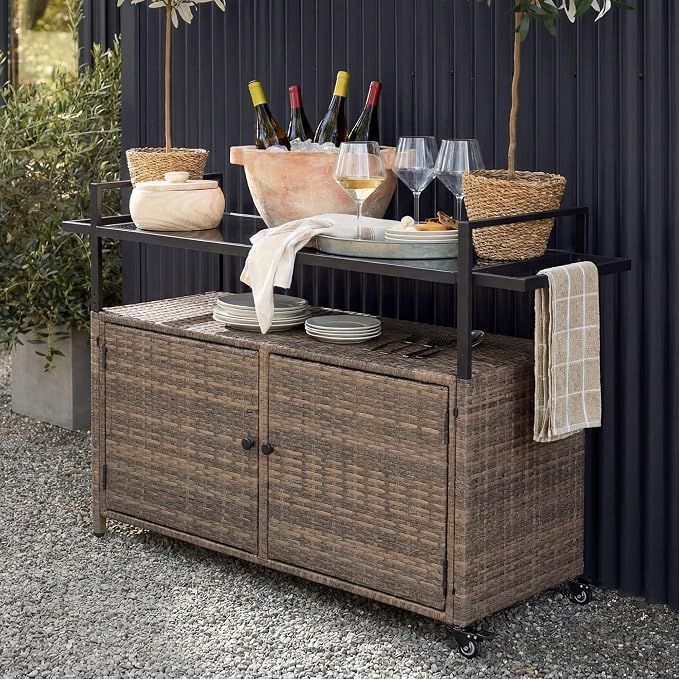 51.2" Wicker Outdoor Bar Cart - Brown Patio Console Storage Table Buffet Cabinet Serving Kitchen Cart with Wheels for Outside Backyard