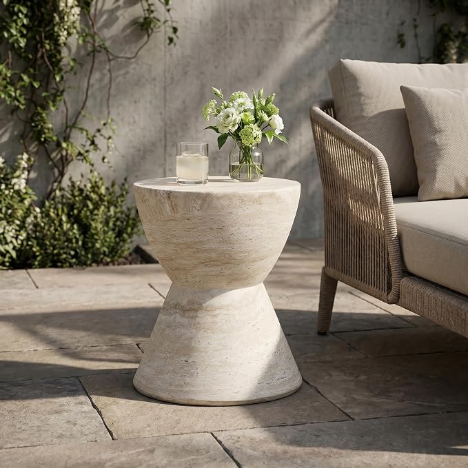 Outdoor Side Table Faux Marble End Table Faux Stone Side Tables Travertine Small Coffee Tables for Indoor Outdoor, Garden Stool Plant Stand for Porch, Backyard Patio, 15"*19" Beige
