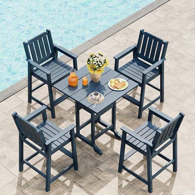 GAOMON Square Outdoor Bar Height Table, Patio Tall Side Bistro Table with Umbrella Hole, Weather Resistant High Top Dining Table for Backyard, Garden, Deck, Porch, Navy Blue