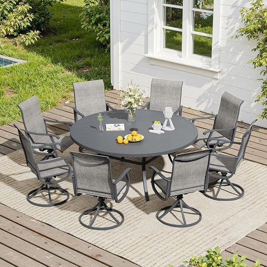 VICLLAX 9 Pieces Patio Dining Set, Outdoor Furniture Set of 8 Patio Swivel Dining Chairs and 60" Patio Round Table for Yard Backyard, Grey Chairs & Dark Grey Tabletop