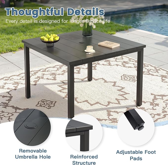 DIFY 5 Pieces Outdoor Dining Set, Metal Patio Table and Chairs Set for 4 with Umbrella Hole, 40.2" Black Square Table and Brown Textilene Swivel Patio Chairs for Garden, Backyard, Poolside