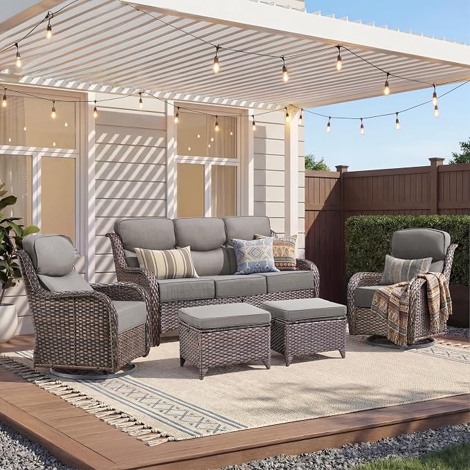 Luxury 5 Piece Patio Furniture Set-All Weather Outdoor Swivel Rocker Chairs with 6" Thick Cushions Multifunctional Ottoman Rattan Patio Conversation Sets for Porch Deck Garden Backyard(Brown/Grey)