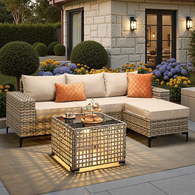 5 Pcs Patio Outdoor Furniture Set - All Weather Wicker Outdoor Sectional Sofa Couch with Coffee Table and Ottoman,Patio Modular Rattan Conversation Set for Garden Deck Yard,Beige